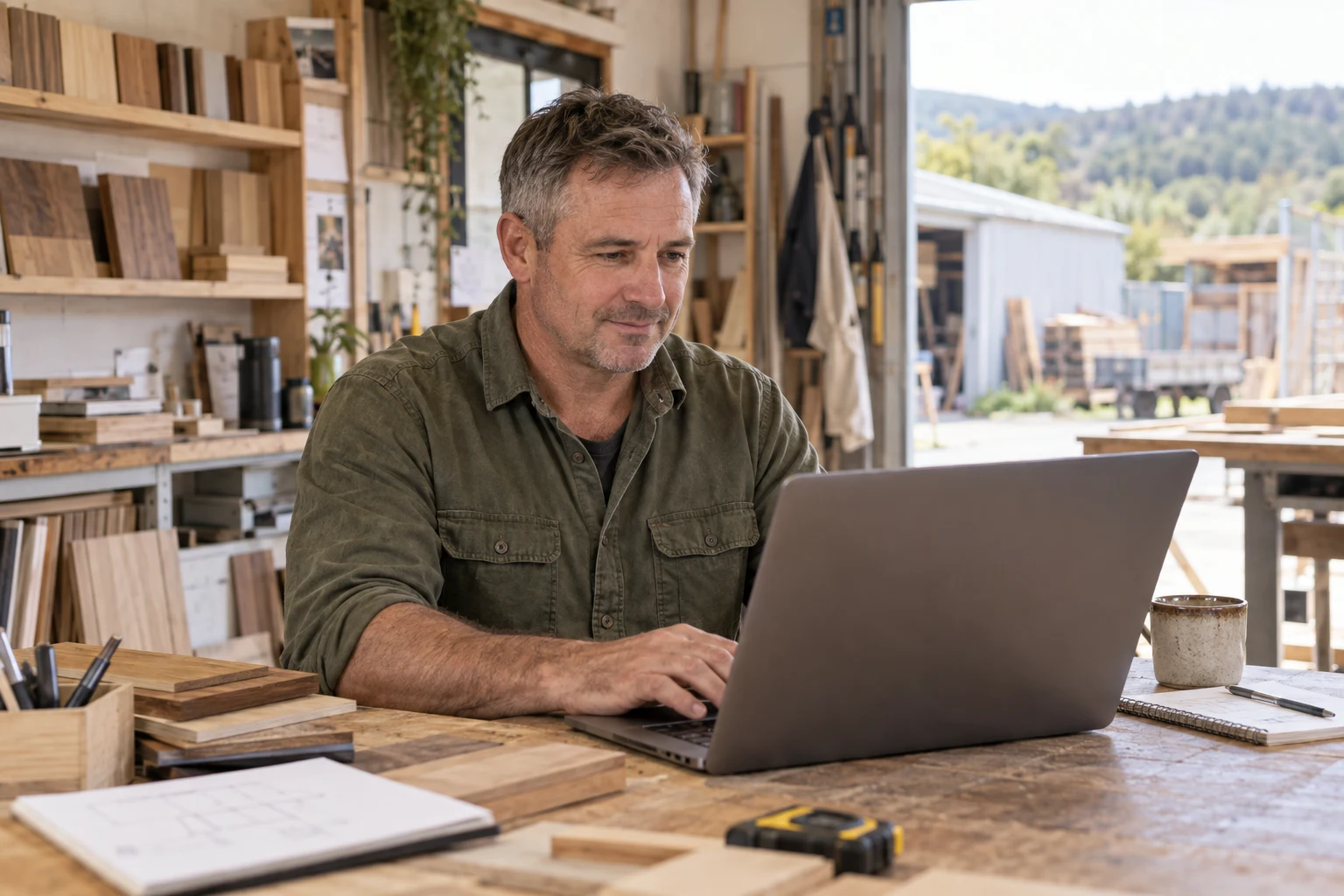 Illustrative New Zealand workshop owner using a laptop
